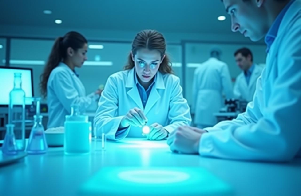 Scientists examining ceramic micro-capsules in a high-tech lab